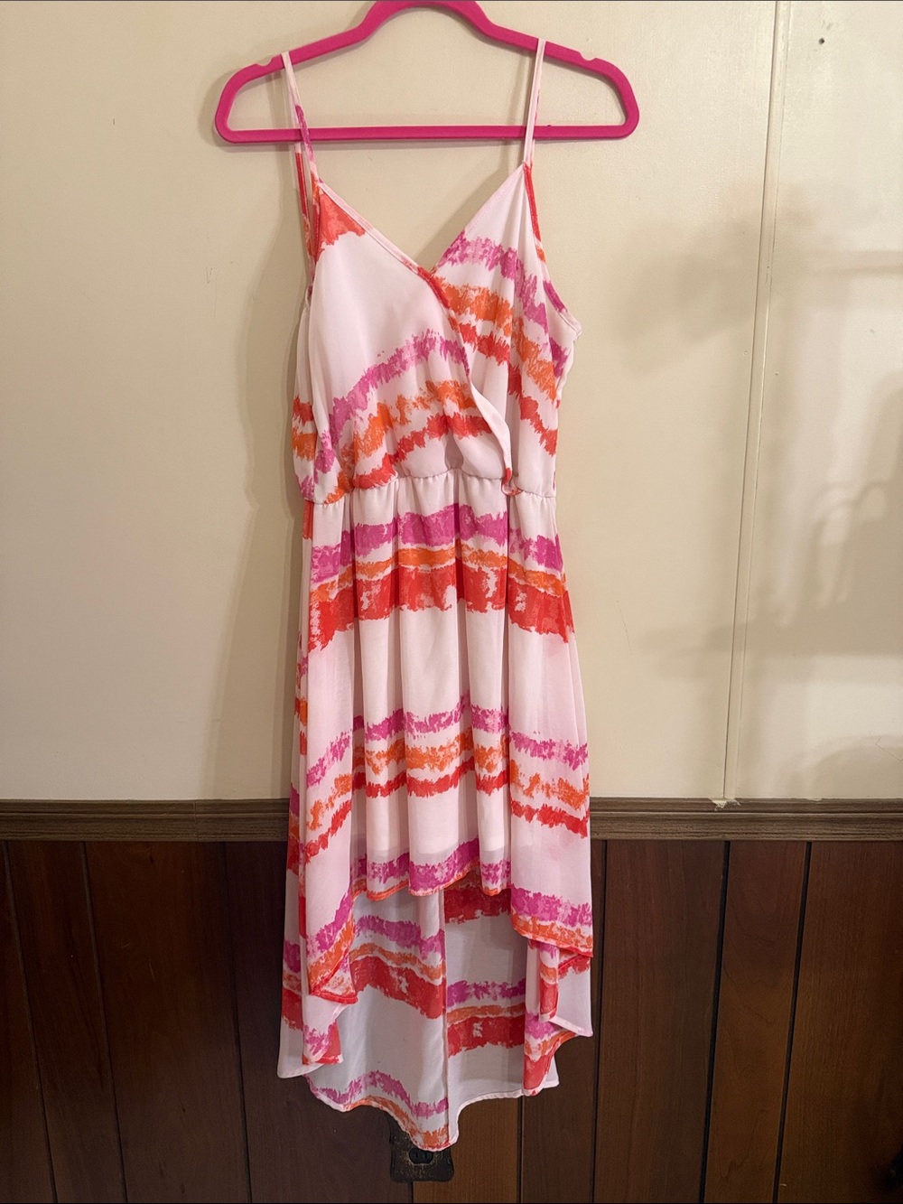Charming Charlie High Low Maxi Dress Medium Pink Orange Watercolor Stripe